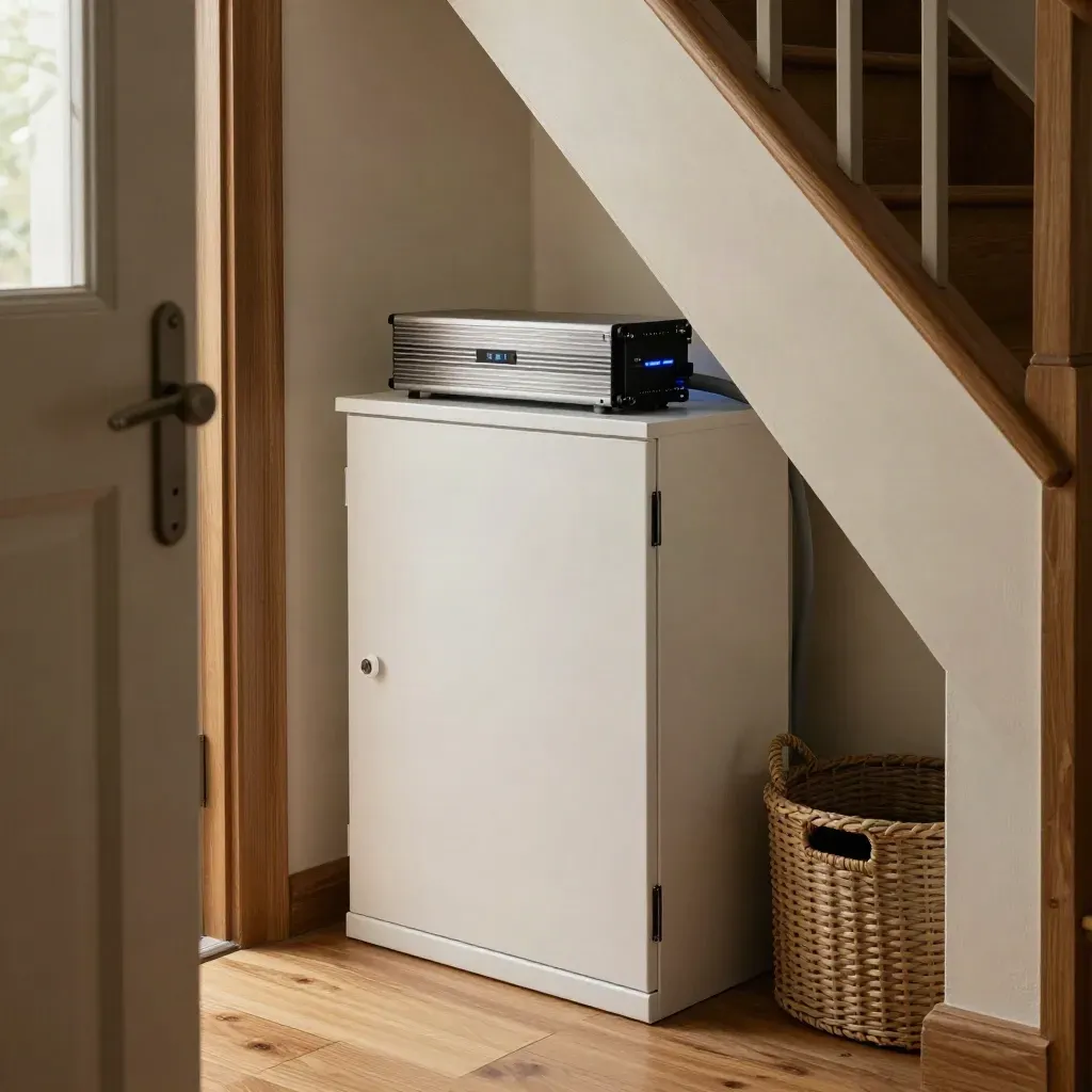 Under-stair home battery cabinet with inverter and conduit glowing quietly in a warm utility room
