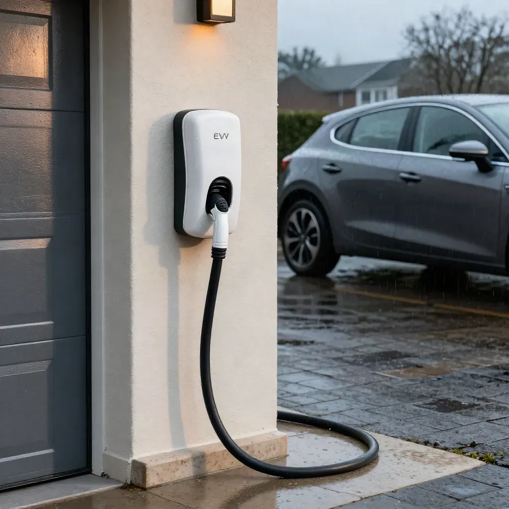 White EV charger on a wet garage wall with a neat cable arc and damp driveway at dusk
