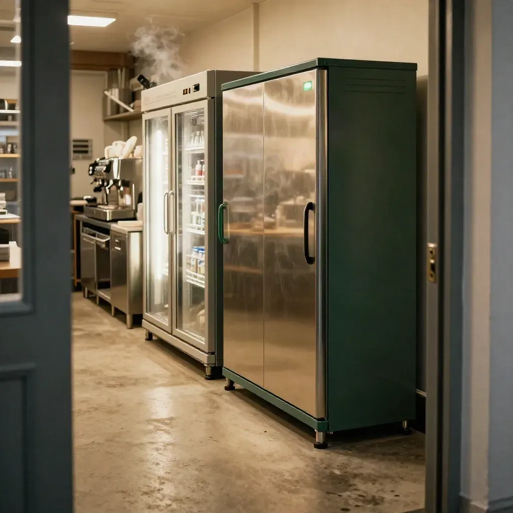 Bristol café battery cabinet and lit fridges glowing in a tidy back-of-house corridor