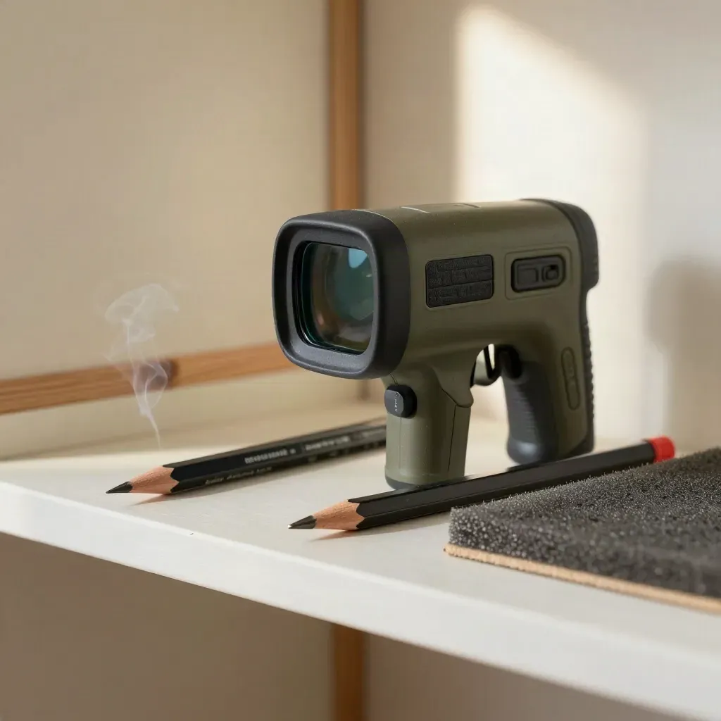Macro audit tools on a white shelf: thermal camera, smoke pencil, probe and foam seal sample.