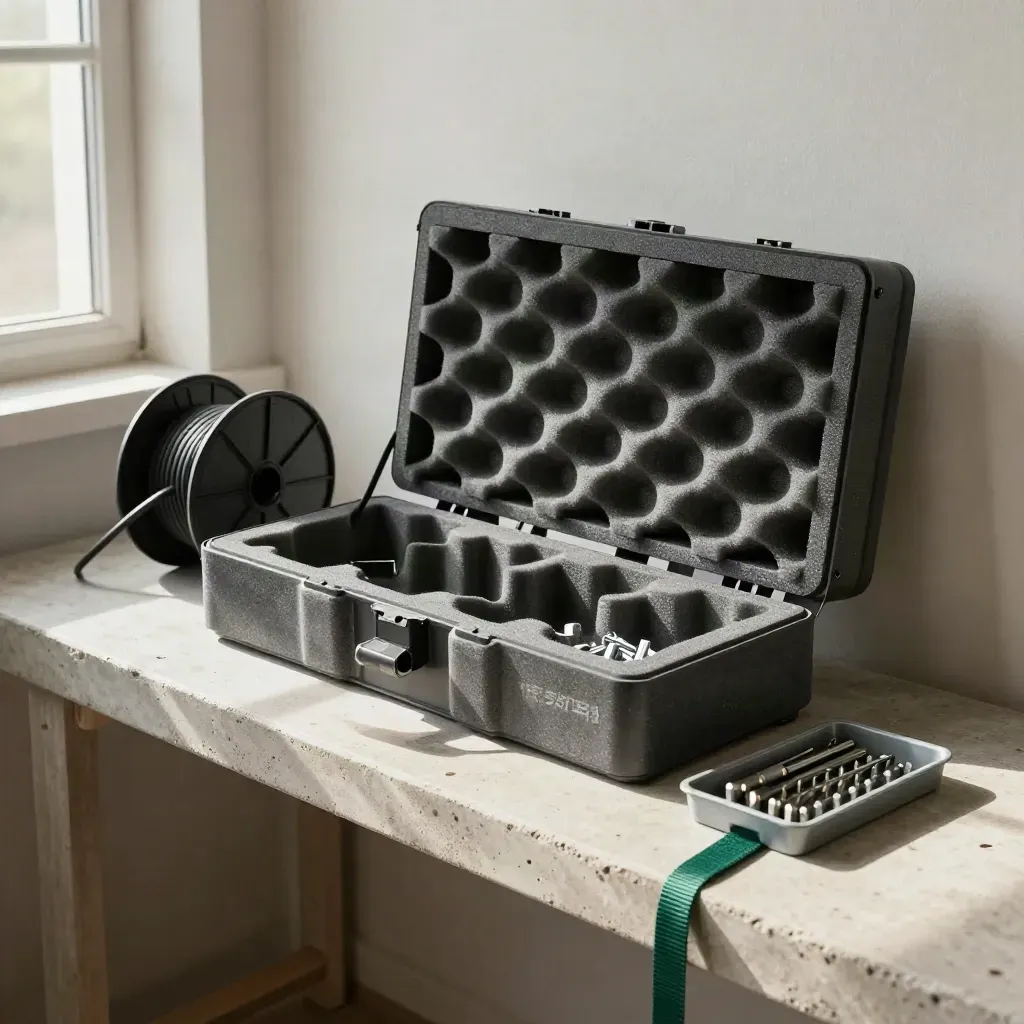 Battery module insert, cable drum end, wall fixings and drill bits on a concrete bench.
