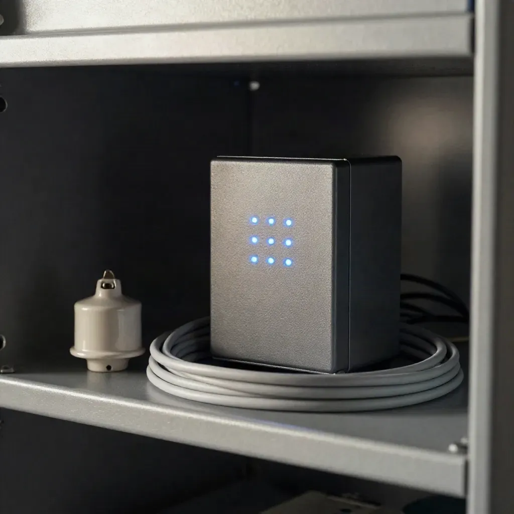 Blue-lit monitoring box beside fuse and cable in a dark cabinet