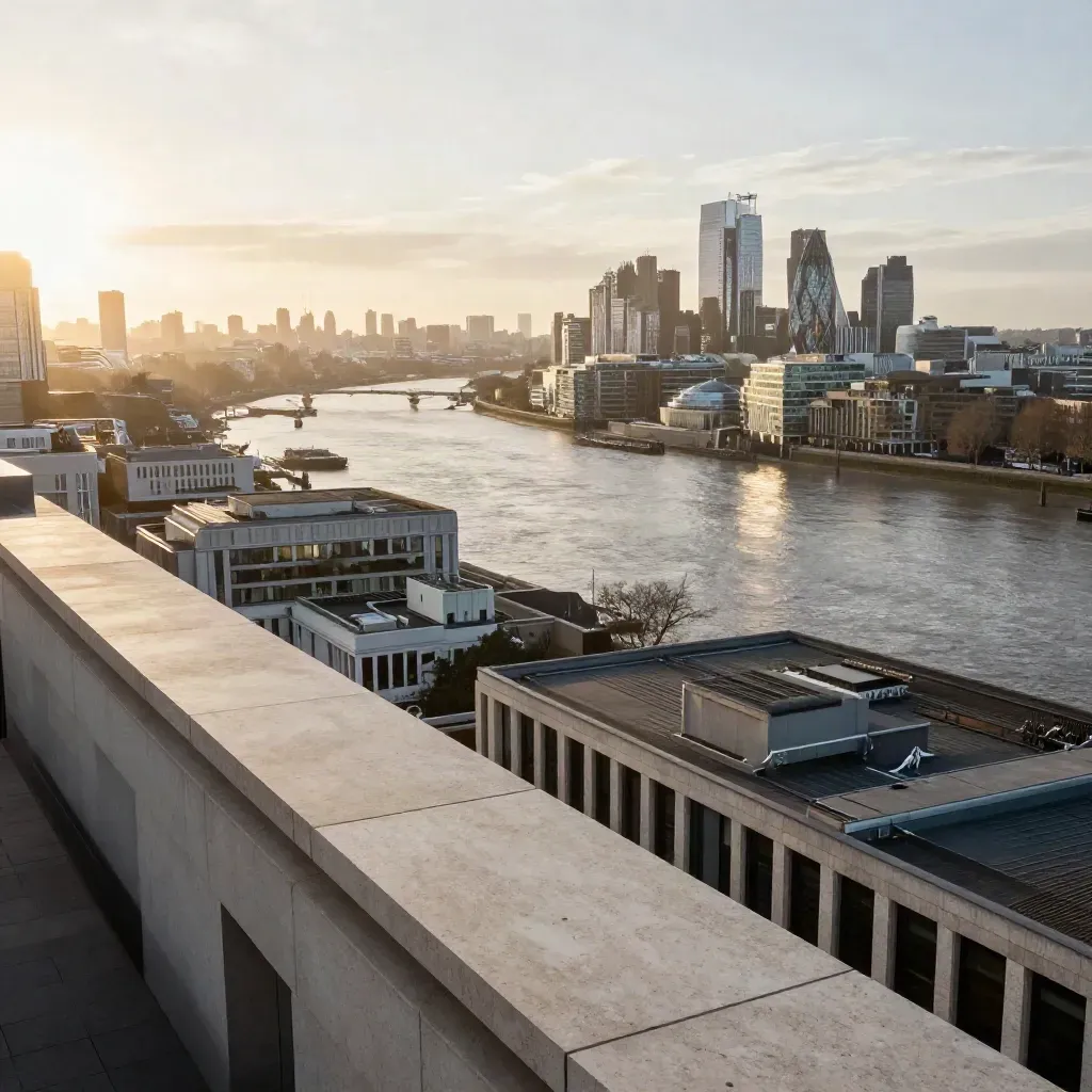 Hazy Greater London skyline with the Thames curve and calm rooftops below at dawn.